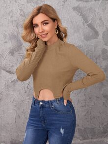 SHEIN Essnce Top tejido de canalé bajo asimétrico con diseño de aro - Marrón - Ver 5