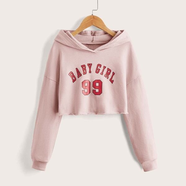 

Girls Letter And Number Graphic Drop Shoulder Hoodie, Baby pink