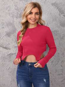 SHEIN Essnce 圈細節不對稱下擺羅紋針織上衣 - 紅色 - 查看 1