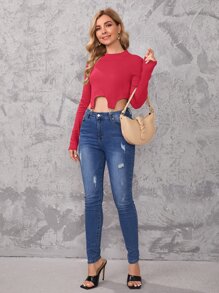 SHEIN Essnce 圈細節不對稱下擺羅紋針織上衣 - 紅色 - 查看 3