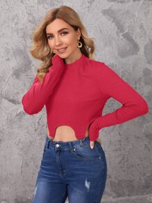 SHEIN Essnce 圈細節不對稱下擺羅紋針織上衣 - 紅色 - 查看 4