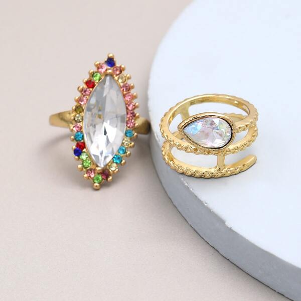 

2pcs Water-drop Rhinestone Decor Ring, Multicolor