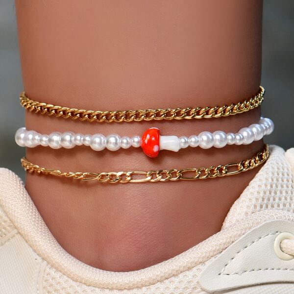 

3pcs Mushroom Decor Beaded Anklet, Gold