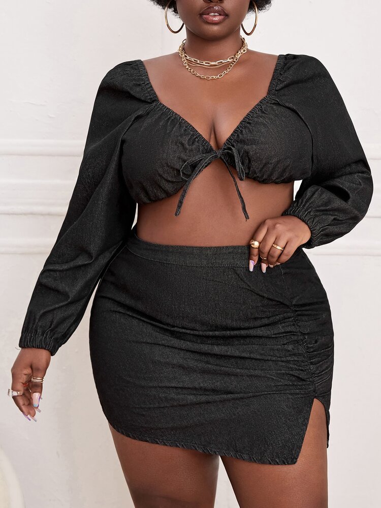 SHEIN SXY Plus Size denim Trang phục hai chiếc một bộ Xù Chia Dây kéo Thắt nơ trước màu trơn Gợi cảm - màu đen - Xem 4