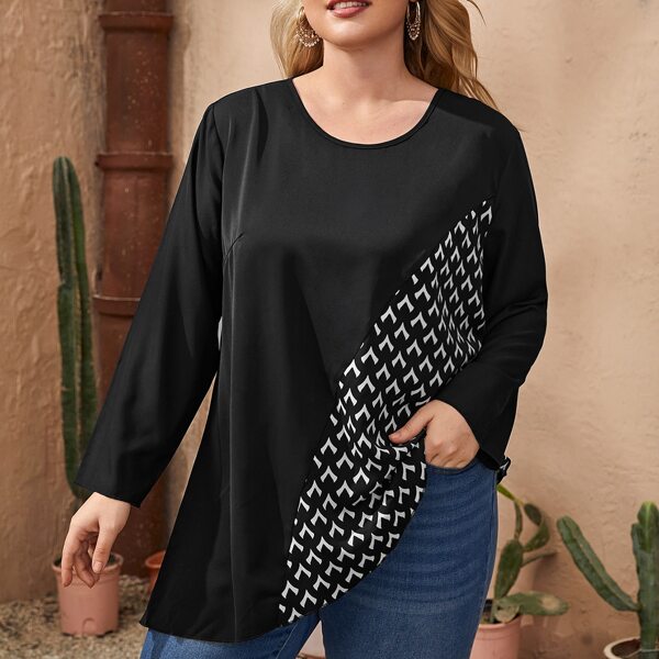

Plus Graphic Print Asymmetrical Hem Blouse, Black and white