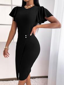 Vestido ajustado unicolor de manga mariposa - Negro - Ver 6