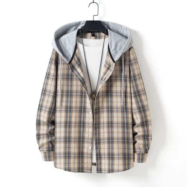 

Men Plaid Drawstring Hooded Shirt Without Tee, Multicolor