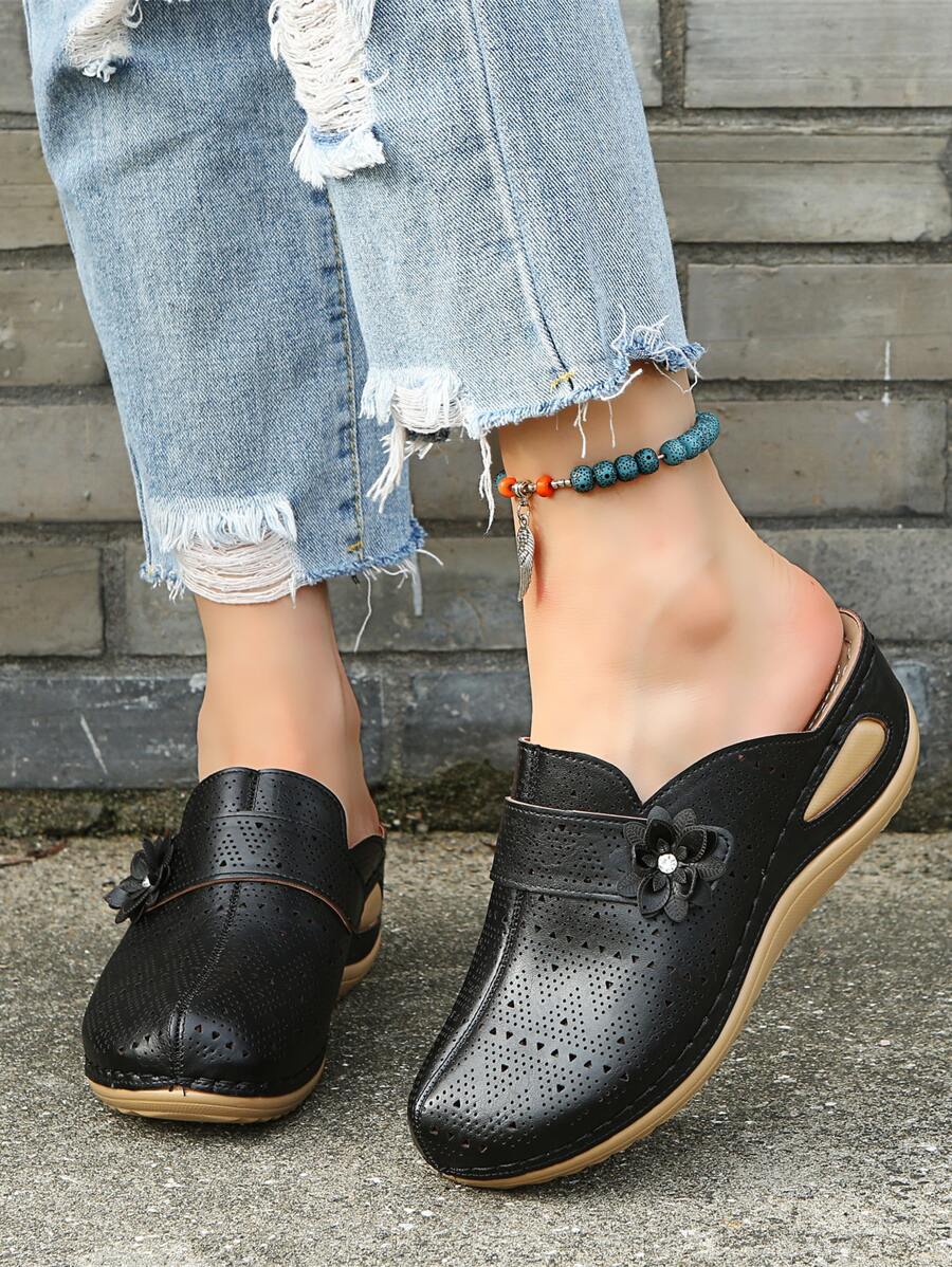 Cắt bỏ thiết kế Dép Nêm trang trí hoa - màu đen - Xem 1