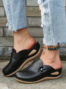 Cắt bỏ thiết kế Dép Nêm trang trí hoa - màu đen - Xem 2