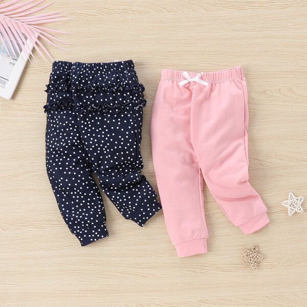 

Baby 2pcs Polka Dot Print Frill Trim Sweatpants, Multicolor
