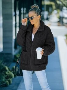 Abrigo teddy con bolsillo delantero de hombros caídos - Negro - Ver 1