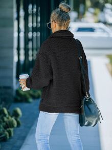 Abrigo teddy con bolsillo delantero de hombros caídos - Negro - Ver 2