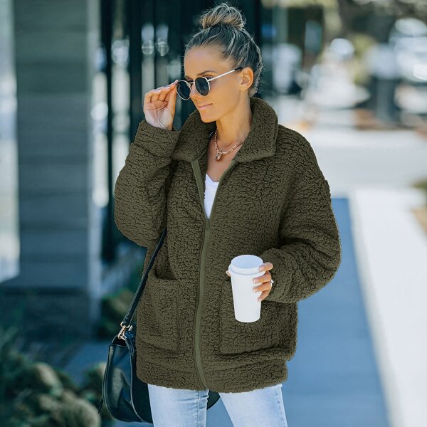 

Pocket Front Drop Shoulder Teddy Coat, Army green