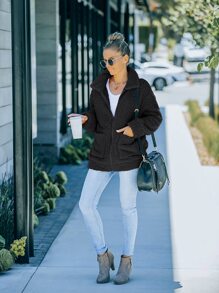 Abrigo teddy con bolsillo delantero de hombros caídos - Negro - Ver 4