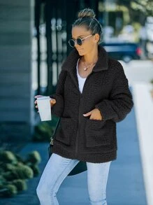 Abrigo teddy con bolsillo delantero de hombros caídos - Negro - Ver 5