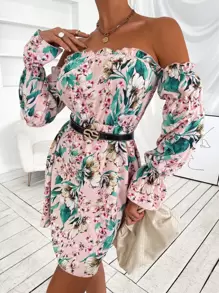 SHEIN Unity 印花一字肩收褶袖連衣裙 - 彩色 - 查看 3