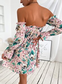 SHEIN Unity 印花一字肩收褶袖連衣裙 - 彩色 - 查看 2