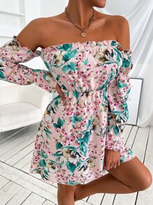 SHEIN Unity 印花一字肩收褶袖連衣裙 - 彩色 - 查看 6