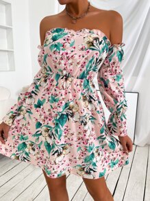 SHEIN Unity 印花一字肩收褶袖連衣裙 - 彩色 - 查看 1
