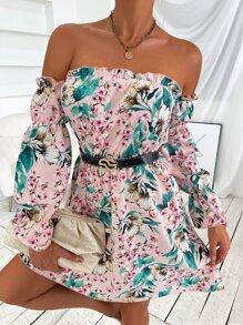 SHEIN Unity 印花一字肩收褶袖連衣裙 - 彩色 - 查看 4