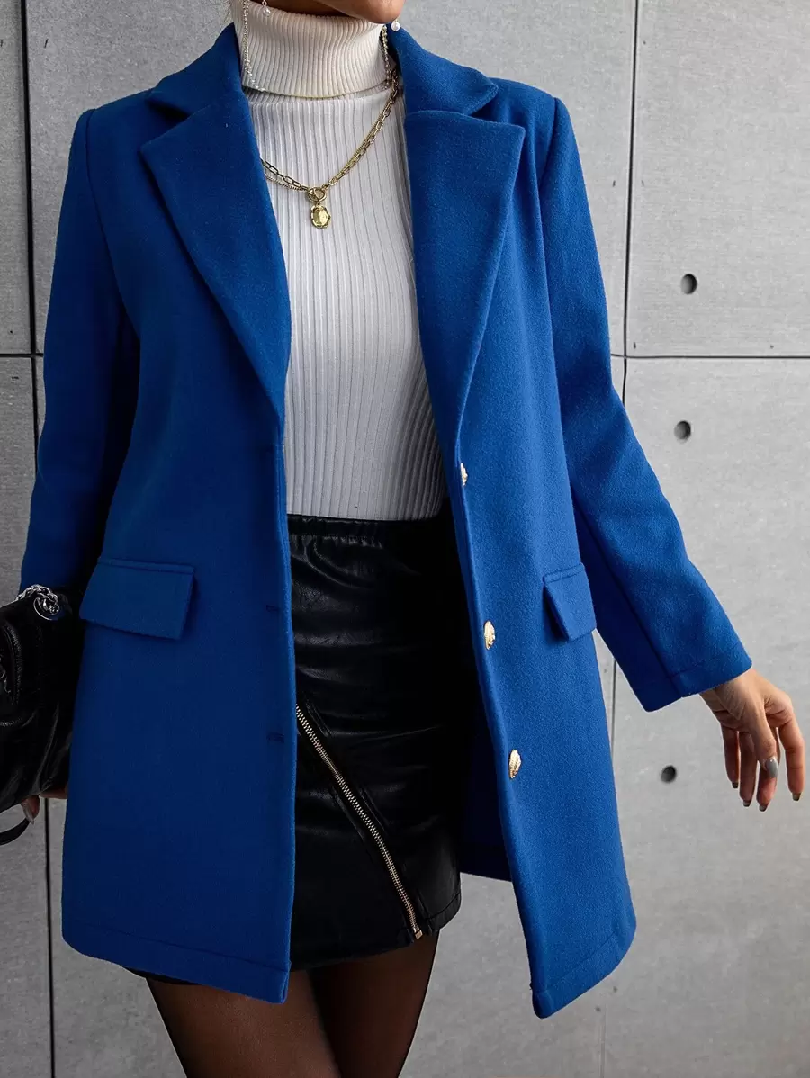 Lapel Collar Flap Detail Button Front Overcoat - Blue - View 1