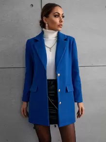 Lapel Collar Flap Detail Button Front Overcoat - Blue - View 3