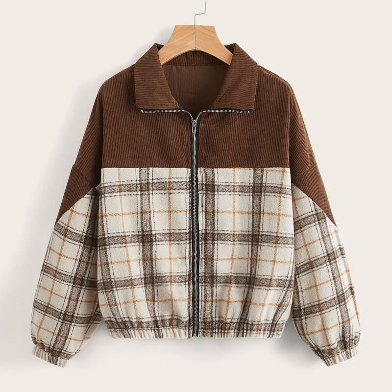 

Contrast Plaid Zip Up Jacket, Multicolor