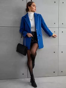 Lapel Collar Flap Detail Button Front Overcoat - Blue - View 4