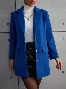 Lapel Collar Flap Detail Button Front Overcoat - Blue - View 7