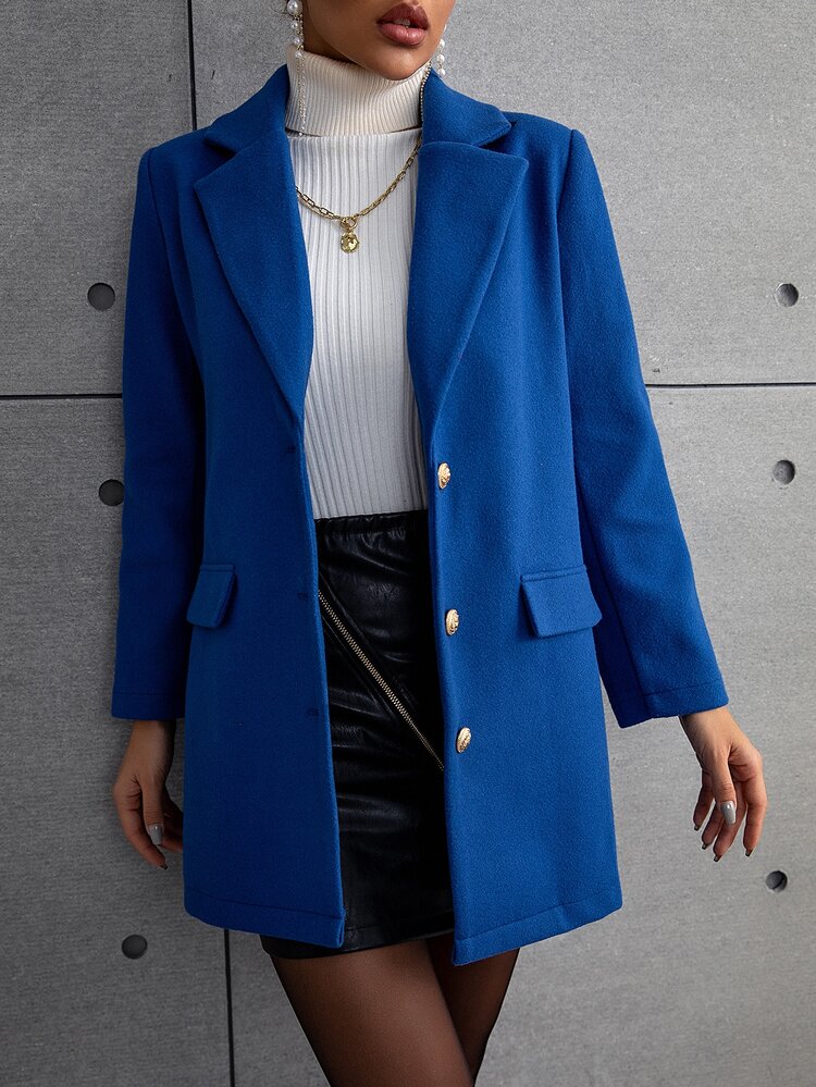 Lapel Collar Flap Detail Button Front Overcoat - Blue - View 7