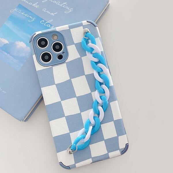

Checkered Phone Case With Chain Hand Strap, Multicolor