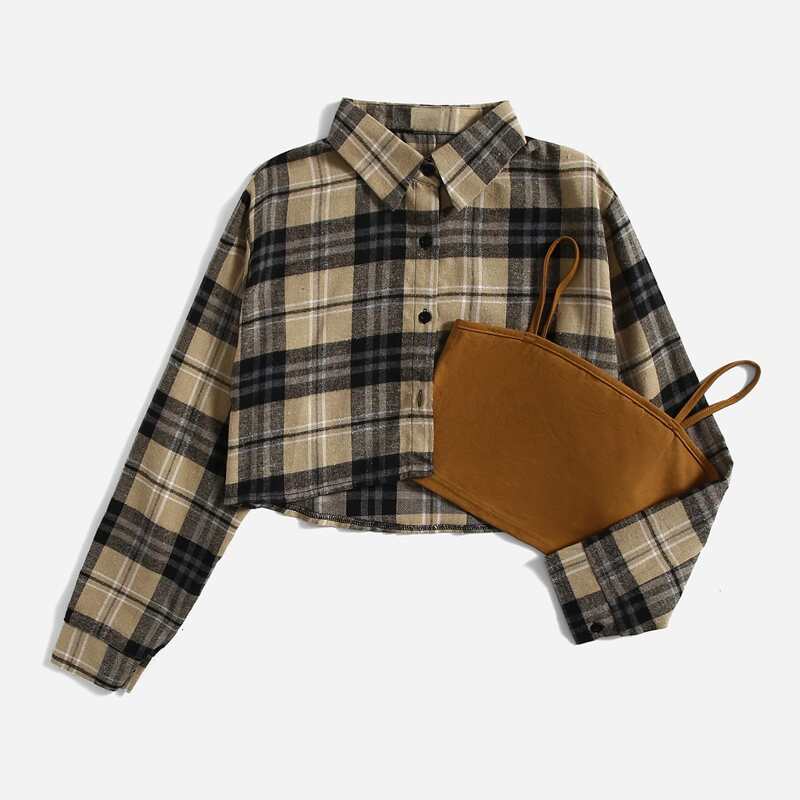 

Plaid Print Blouse & Solid Cami Top, Multicolor