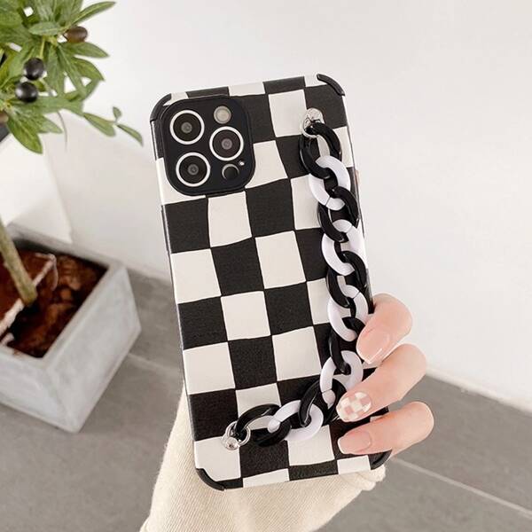 

Checkered Phone Case With Chain Hand Strap, Black and white