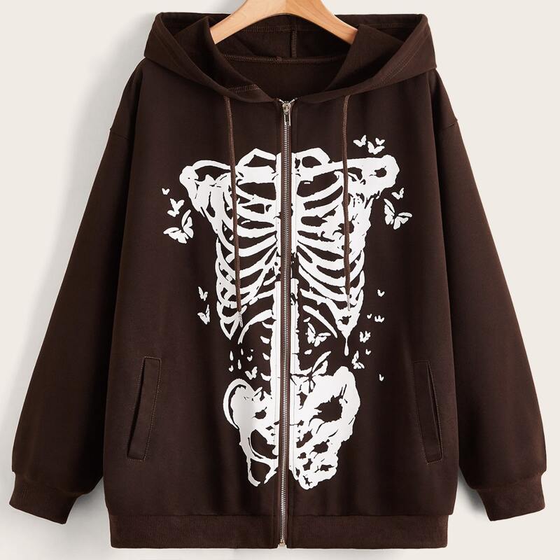 

Skeleton Print Drawstring Hoodie, Chocolate brown
