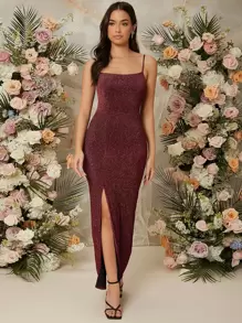 SHEIN Belle 高衩金屬亮絲吊帶連衣裙 - 酒紅色 - 查看 3