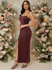 SHEIN Belle 高衩金屬亮絲吊帶連衣裙 - 酒紅色 - 查看 5