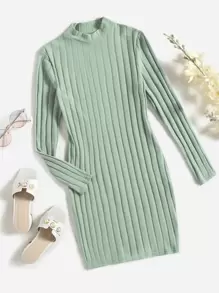 SHEIN Tween Girl Casual Long Sleeve Striped Knitted Dress With High Neck - Mint Green - View 1