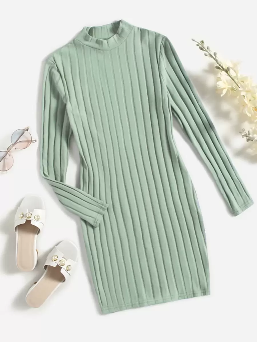 SHEIN Tween Girl Casual Long Sleeve Striped Knitted Dress With High Neck - Mint Green - View 1