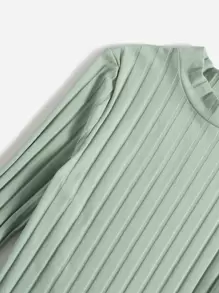 SHEIN Tween Girl Casual Long Sleeve Striped Knitted Dress With High Neck - Mint Green - View 3