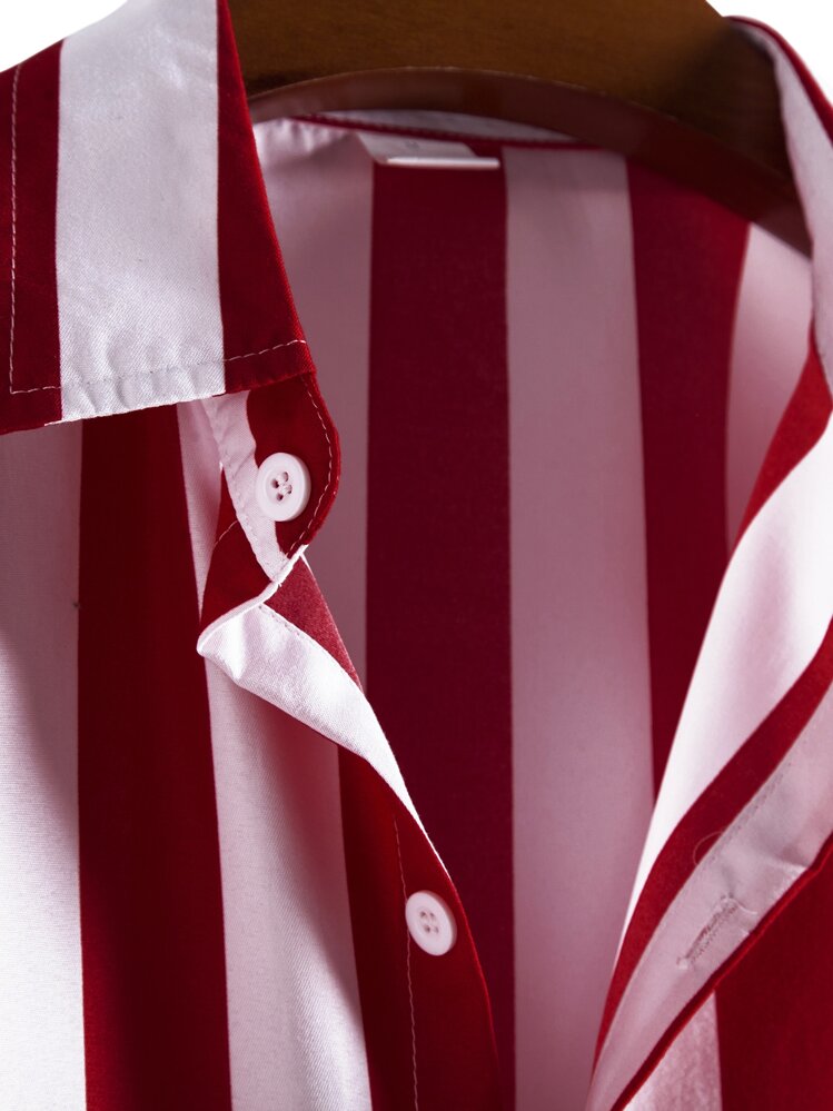 Manfinity Homme 男士豎條紋前排扣襯衫 - 紅白色 - 查看 3