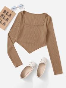 SHEIN Teen Girls Square Neck Asymmetrical Hem Rib-knit Tee - Camel - View 1