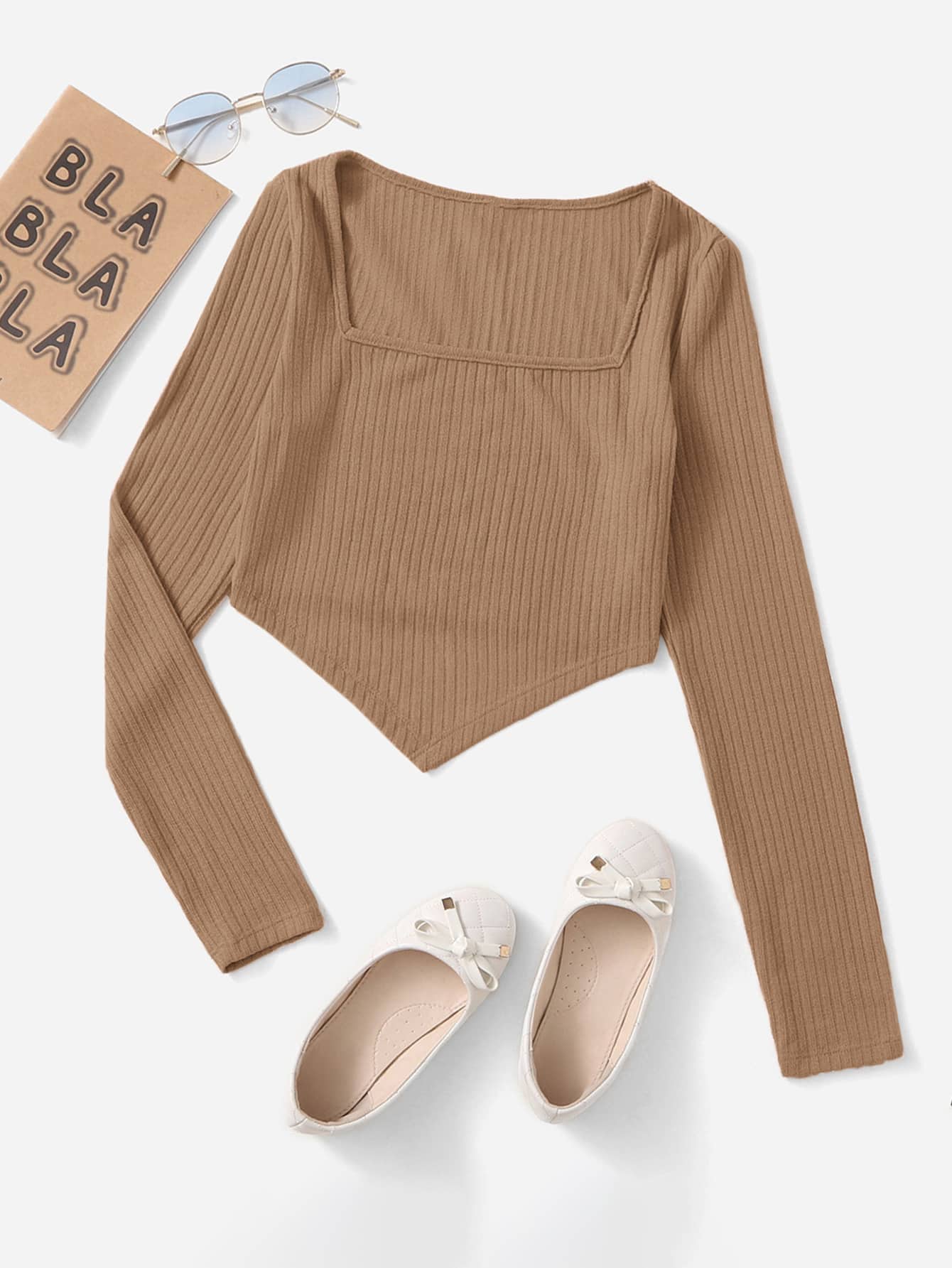 SHEIN Teen Girls Square Neck Asymmetrical Hem Rib-knit Tee - Camel - View 1