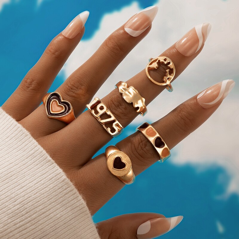 

6pcs Heart Decor Ring, Multicolor