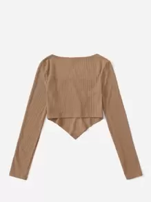 SHEIN Teen Girls Square Neck Asymmetrical Hem Rib-knit Tee - Camel - View 2