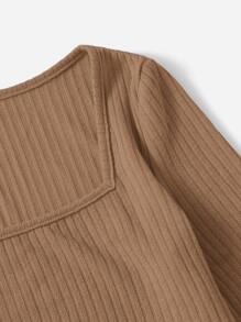 SHEIN Teen Girls Square Neck Asymmetrical Hem Rib-knit Tee - Camel - View 3