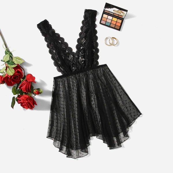 

Contrast Lace Dobby Mesh Scallop Trim Dress, Black