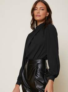SHEIN Privé Cross Wrap Front Bishop Sleeve Top - Black - View 3
