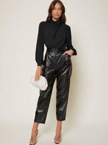 SHEIN Privé Cross Wrap Front Bishop Sleeve Top - Black - View 4