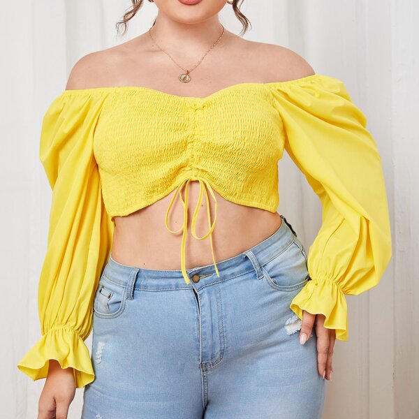 

Plus Drawstring Ruched Crop Top, Yellow