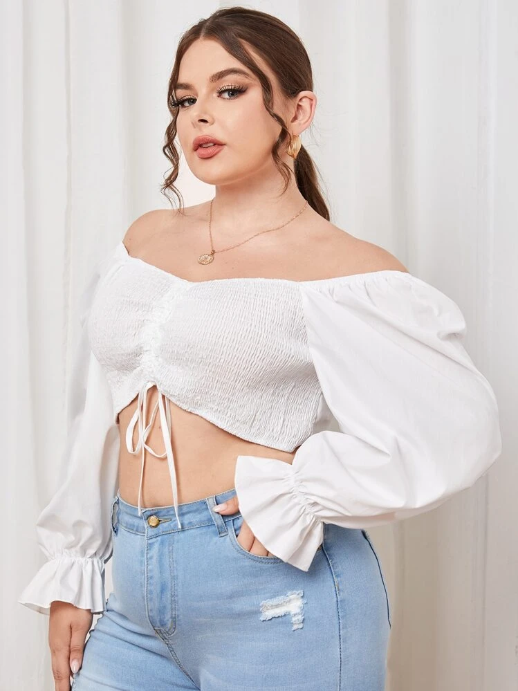 SHEIN VCAY เสื้อเบลาส์พลัสไซส์ เชือก จับจีบ รอยจีบ เรียบง่าย เซ็กซี่ - สีขาว - ดู 4